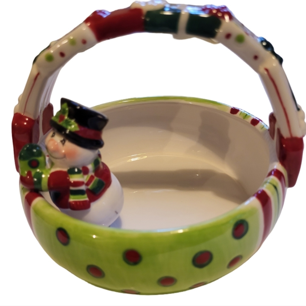 Fitz and Floyd Green and Red Snowman Holiday Basket